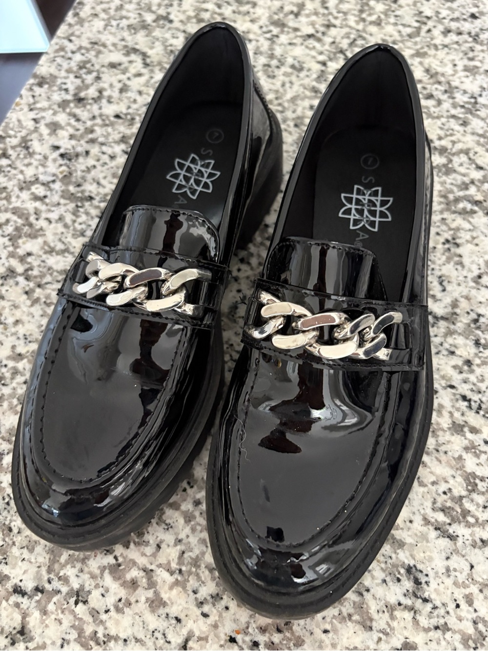 Serra Black Patent Loafers with Silver Chain